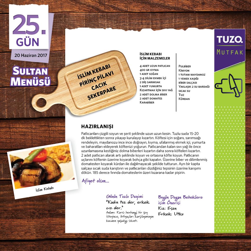 25. Gün Sultan Menüsü İslim Kebabı